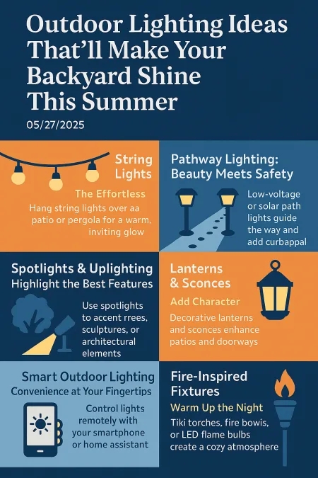 Outdoor lighting ideas infographic showing string lights, pathway lights, spotlights, lanterns, smart lights and torches